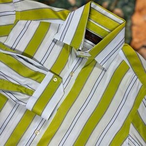 Etro Milano Striped Button Up Dress Shirt Long Sleeve Green Blue Made In Italy